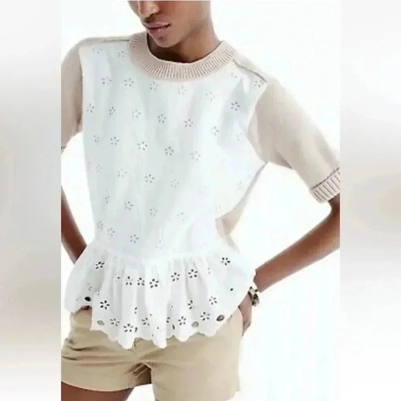 J. Crew Colorblock Peplum Eyelet Sweater Short Sleeves Ivory Beige Size XXS - Picture 1 of 7
